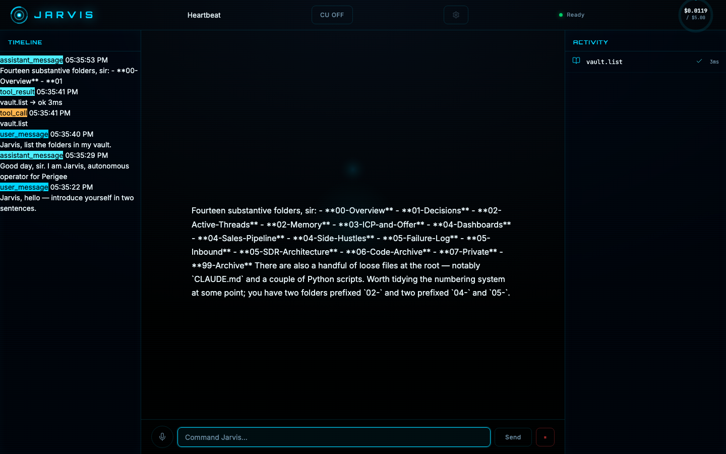 JARVIS executing the vault.list tool: the activity panel shows vault.list completed in 3ms, and the assistant lists fourteen vault folders.
