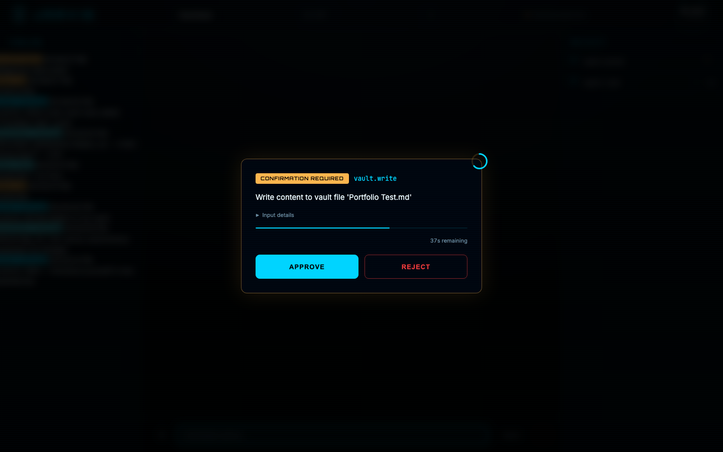 JARVIS confirmation gate modal requiring approval for a vault write