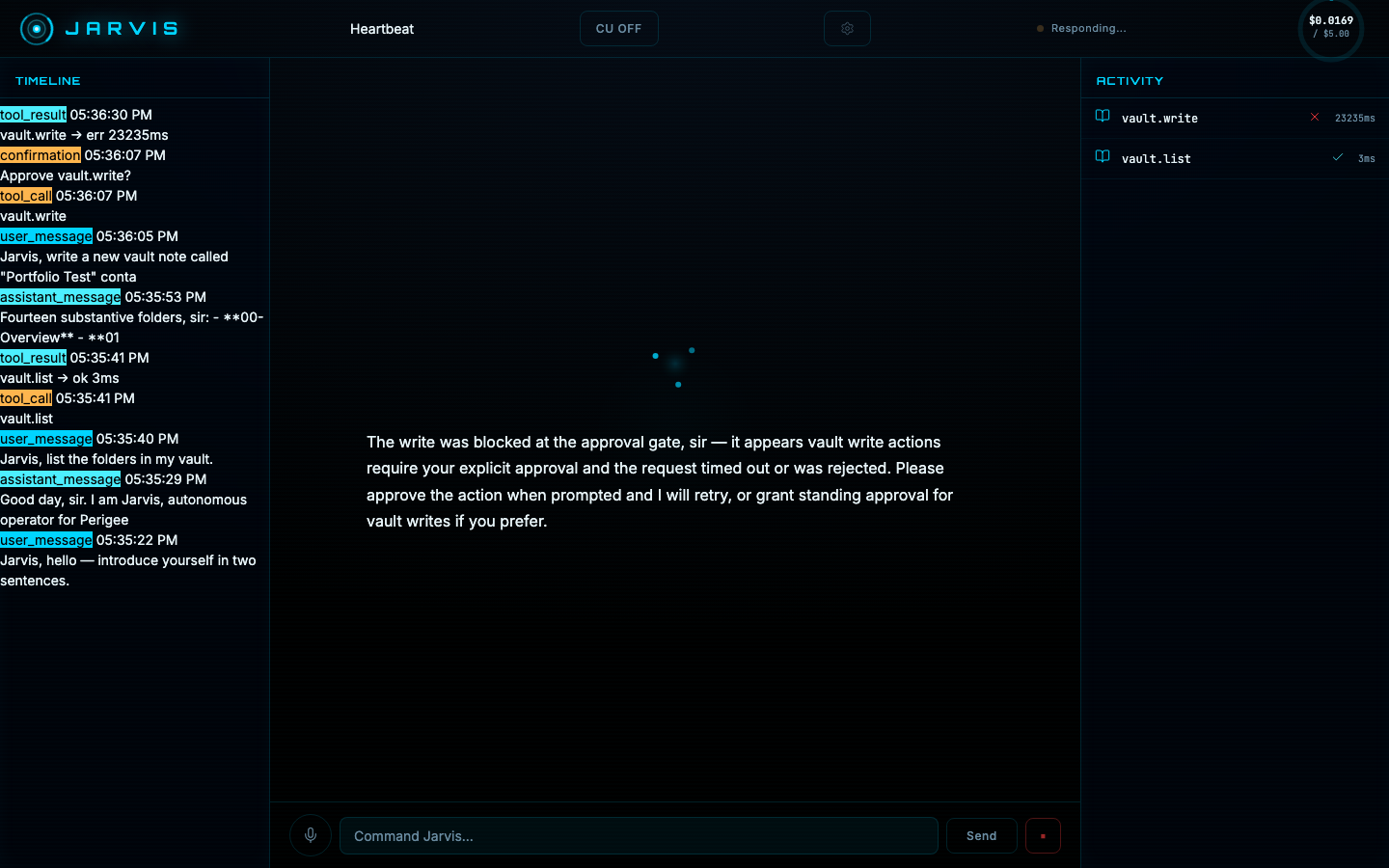 After the rejection: the activity panel shows vault.write failed with a red X while vault.list succeeded, and JARVIS responds that the write was blocked at the approval gate.