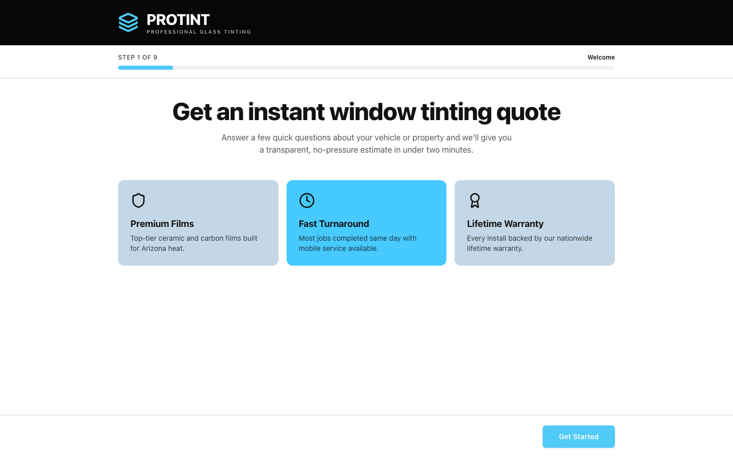 ProTint landing page: Get an instant window tinting quote, with cards for Premium Films, Fast Turnaround, and Lifetime Warranty.