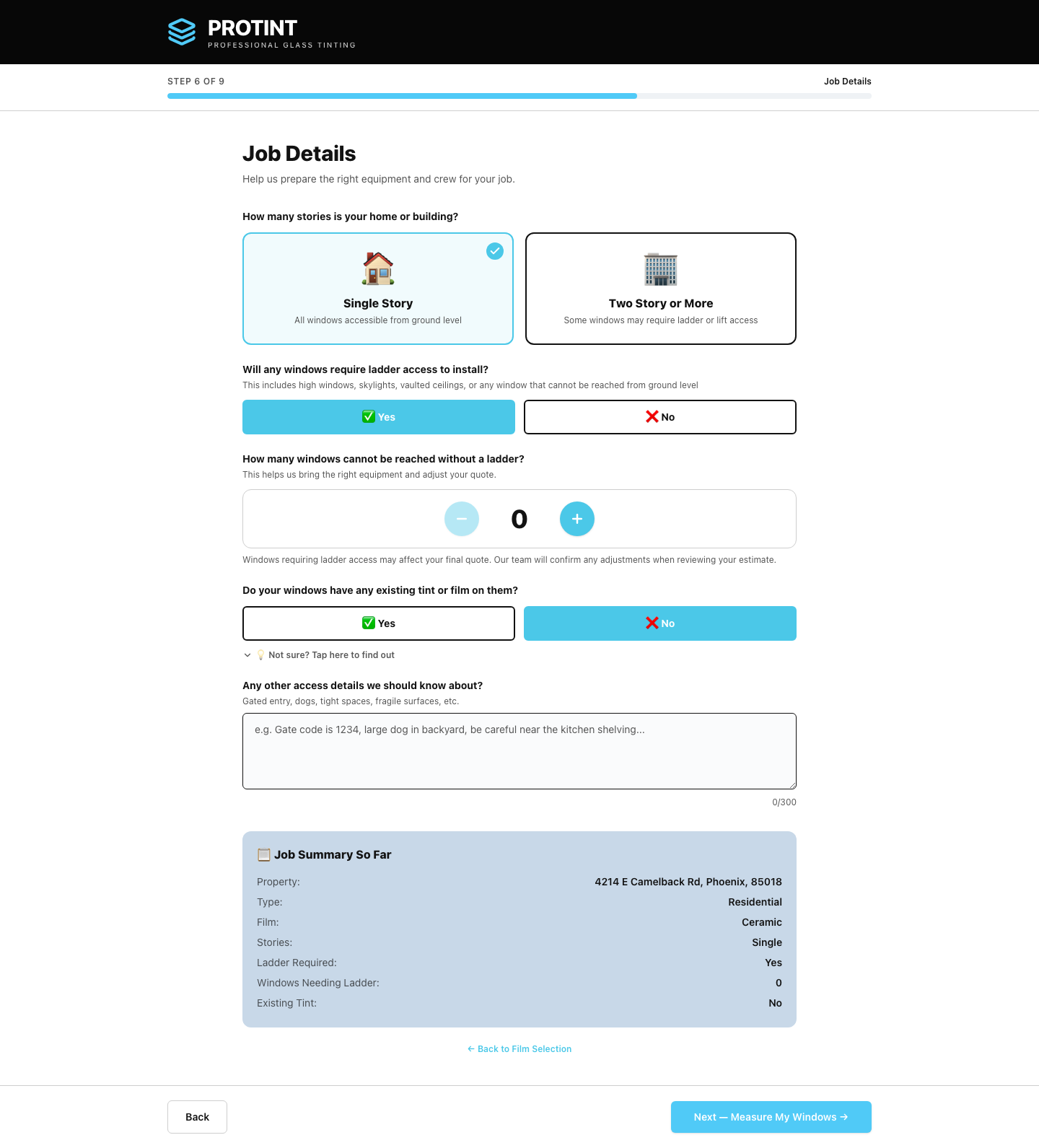 Job details step asking about home stories, ladder access, and existing tint removal.