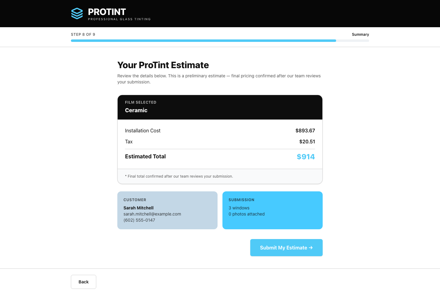 ProTint estimate screen showing a $914 itemized quote