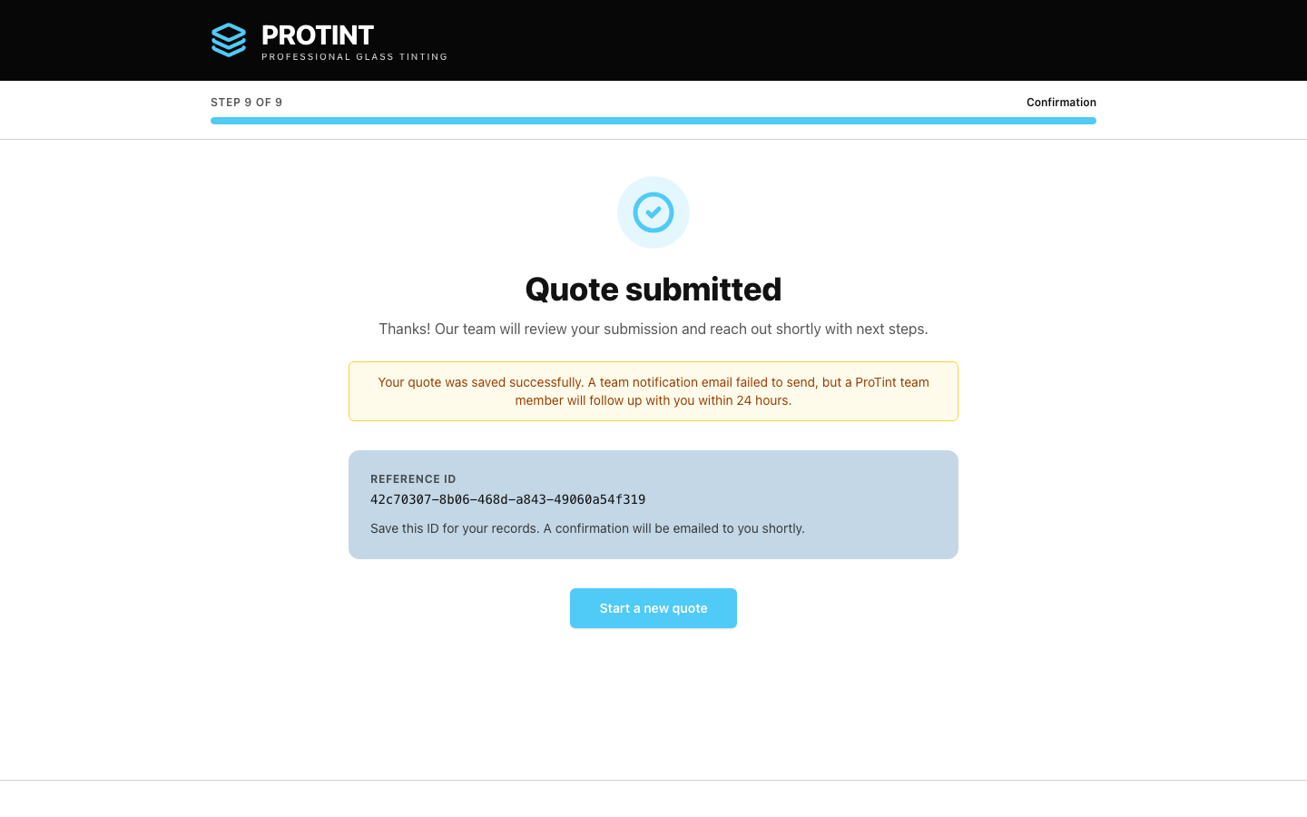 Quote submitted confirmation screen with a reference ID and a start-a-new-quote button.